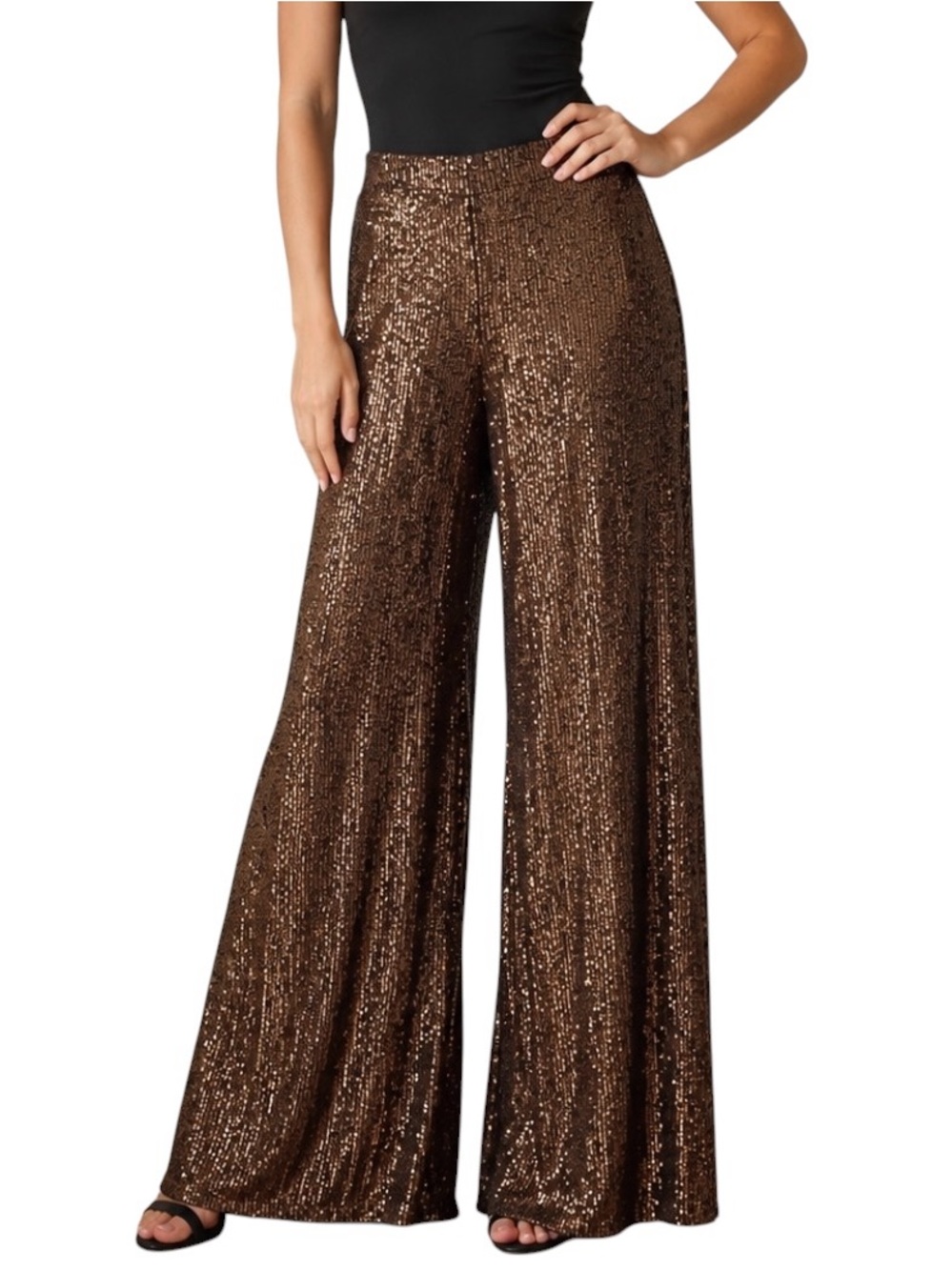 Olivia Mark Wide Leg Palazzo Sequin High Waisted Flare Pants in Dark Bronze XL